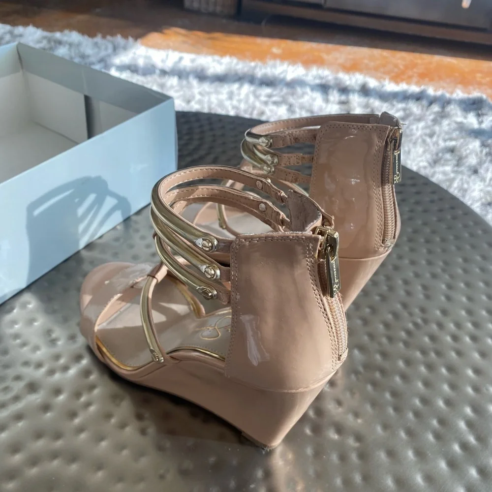 Jessica Simpson Nude Patent Wedge Sandals with Gold Accent Straps